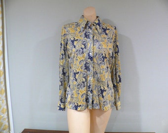 1970's Ecco Bay Polyester Mod Blouse, Yellow, Navy and White Paisley