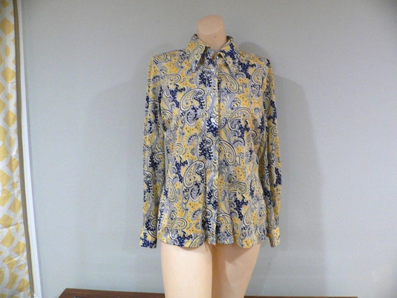 1970's Ecco Bay Polyester Mod Blouse, Yellow, Nav… - image 1