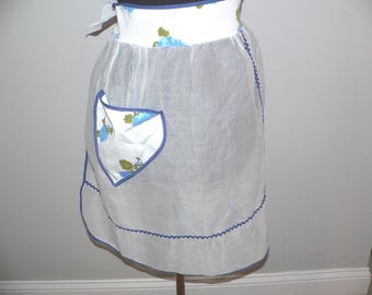 Vintage 50s Pale Blue Organdy With Blue And White Flower Band and Pocket