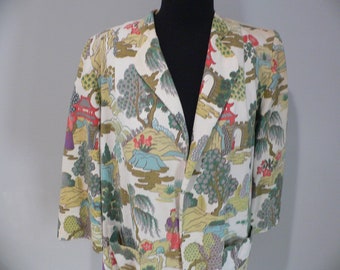 1950's Chinoiserie  Barkcloth Swing Coat /Jacket /Blazer by Gabar NY