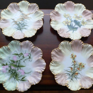 4 Antique A. Lanternier Limoge Hand Painted Flower Plates AL Depose, Signed with Flowers Names