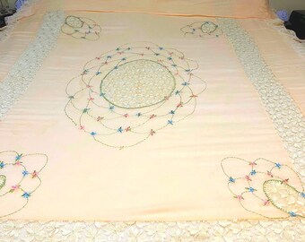 1930’s -40’s   4 PC Bedspread Set, Lace and Embroidered Bedspread, Layover Sham and 2  Runners