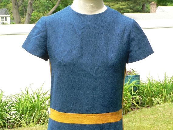 1960's Navy and Orange Gold Color Block Mod Dress… - image 1