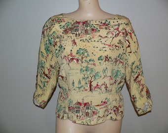 Vintage 1940's Novelty Rayon Print Blouse Foxhunting Print with Sequins and Beading, Fox Hunt Blouse