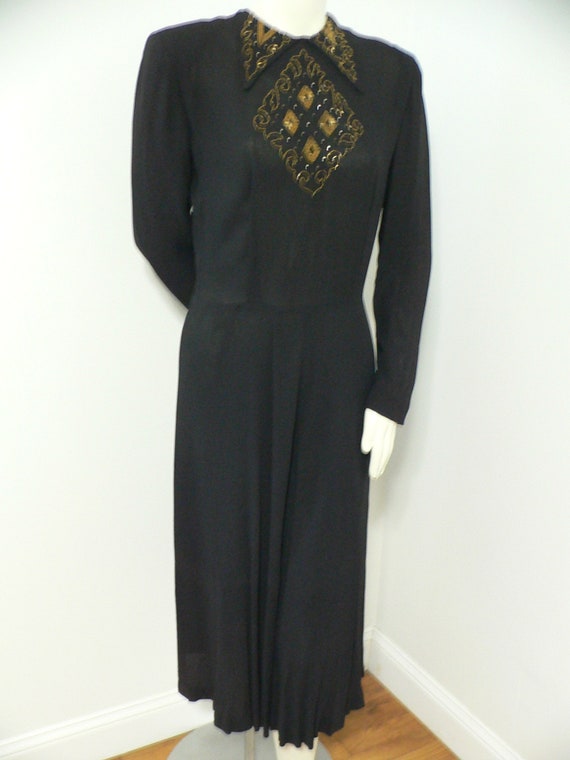 1940's   Black Beaded  Dress Big Shoulders, !940s… - image 2