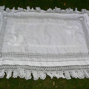 Huge Gorgeous Antique Victorian White Embroidered and Lace Table Topper, Boudoir Bureau Scarf, Layover Sham