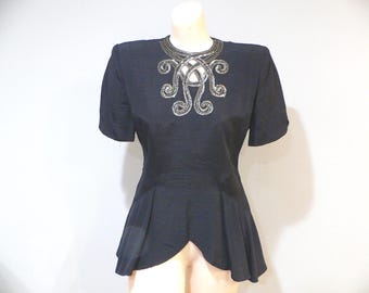 1940's Black Faille Blouse with Peplum, Sequins and Beading