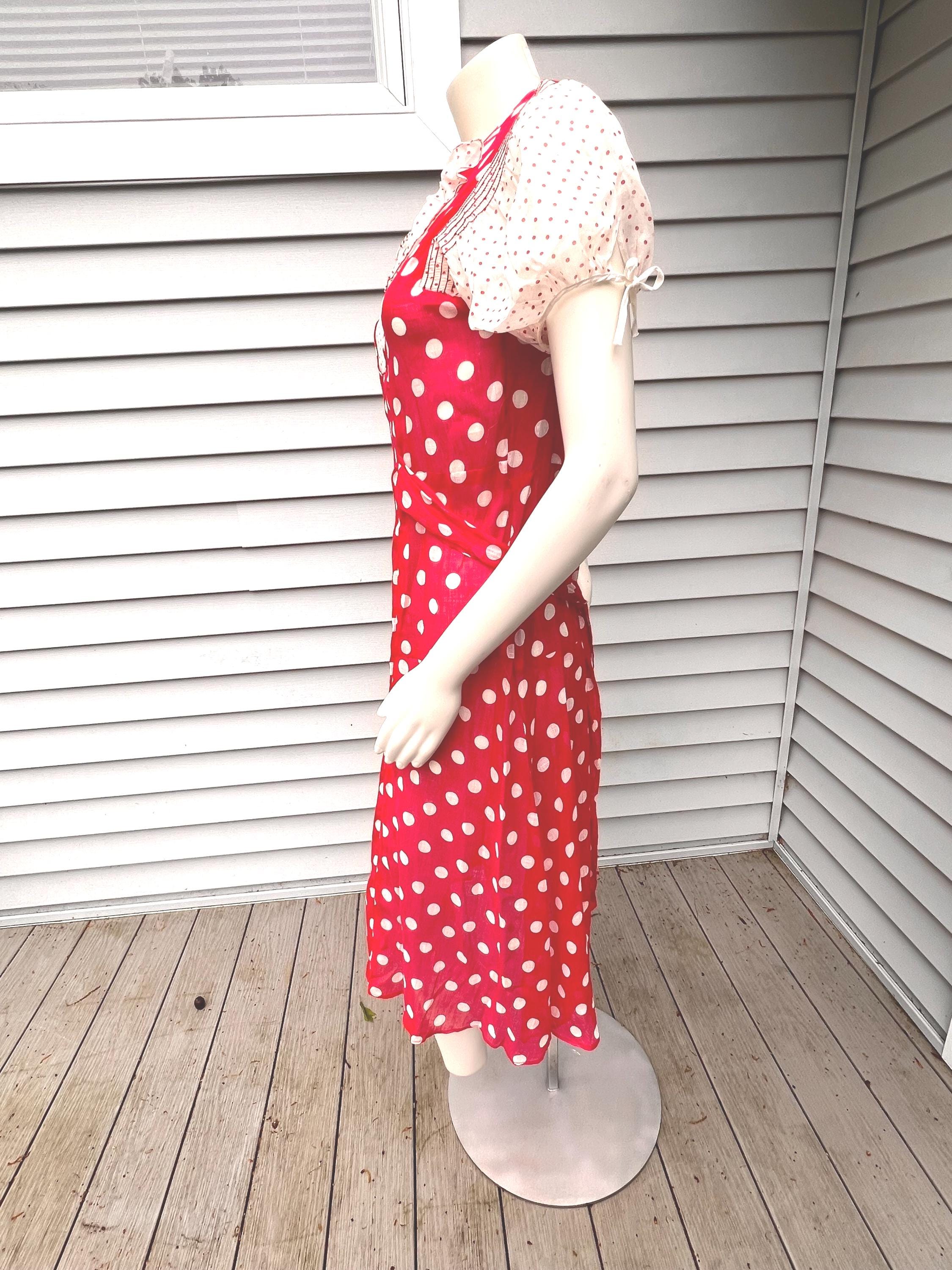 1930's Red and White Polka Dot Organdy Dress w Puffed Sleeves Summer Party Dress, 1930's Red and White Polka Dot Organdy Dress w Puffed Sleeves Summer Party Dress,