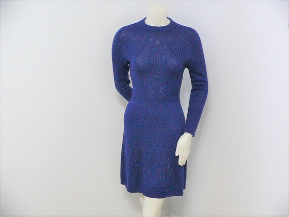 XXS 1970s Mod Dress Shift Minimalist Patch Pockets Navy Blue Knit