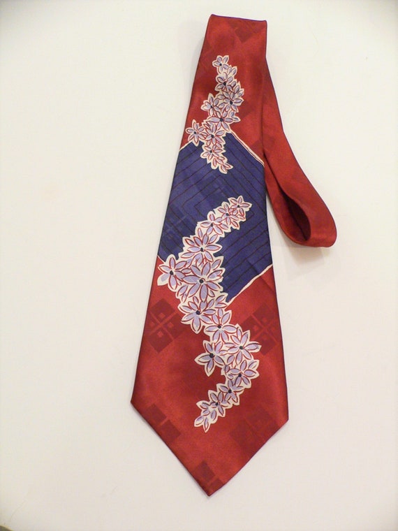 1940's Wide Floral Print Rayon Tie, Red, Blue, Gra