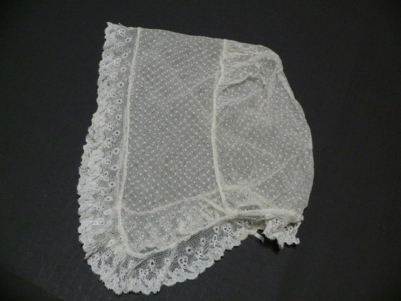 Antique Embroidered Net Lace Bonnet.