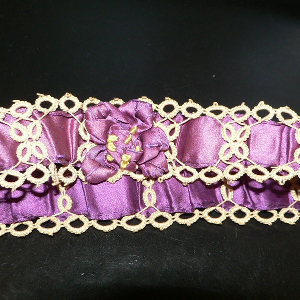 1920's-30s Purple Silk Ribbon and Tan Tatted Garter with Ribbon Flower Trim