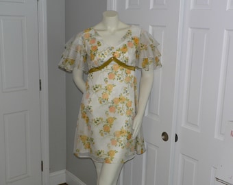 1960's Yellow Rose Print Mini Dress with Layered Butterfly Sleeves