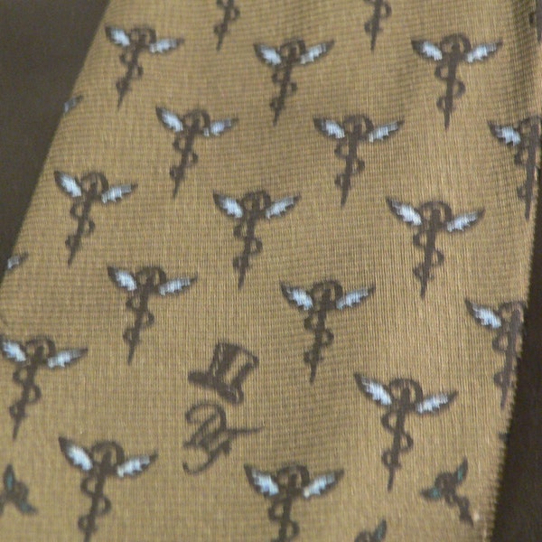 Vintage 1960's Olive Green Skinny Silk Tie with Medical Symbol by Dominique France , New York ,Paris