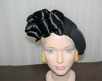 Lovely 1940's Tilt Hat Black Felt with Black Satin Looped  Bow  Trim