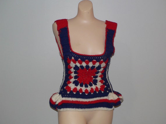 Vintage Handmade 1960's Red, White, Blue Hippie V… - image 3