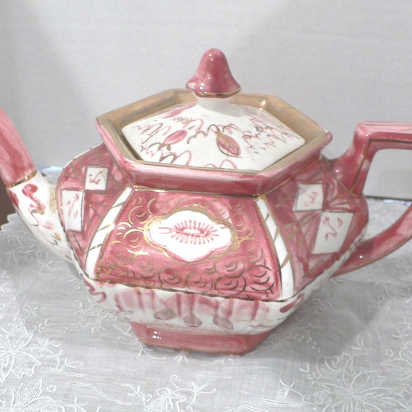Antique Hexagon Pink Lustre  Staffordshire Teapot for Display or Shelf
