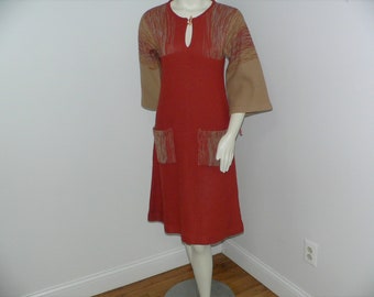 1970's New With Tags ,Acrylic Knit Rust  and Tan  Dress,70s Dress  New Old Stock with Tags