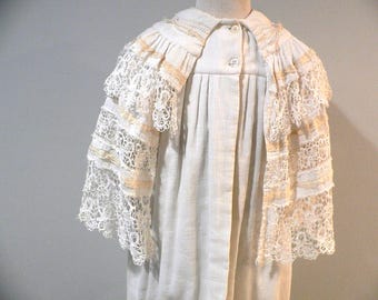 Antique Victorian Edwardian Infant Christening  Long Coat with Lace and Silk Ribbon Trim