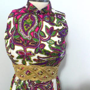 1970&#39;s Psychedelic  Print Maxi Dress with Gold Braid and Bead Waist Band, Size XS