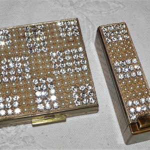 Vintage 1950's Zell Rhinestone and Pearl Compact and Lipstick Case