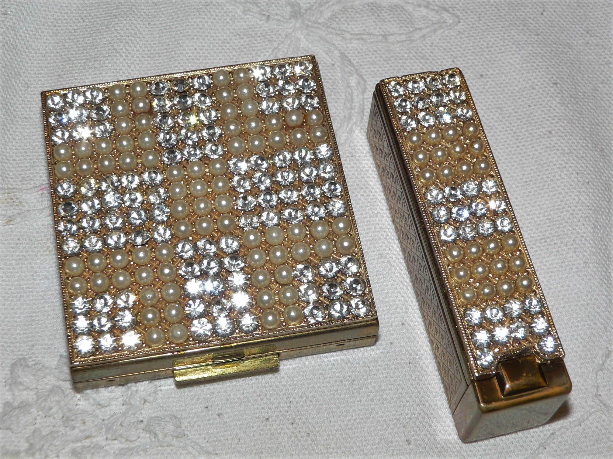 激レア！　シド　メイクボックス Vintage 1950's Zell Rhinestone and Pearl Compact and Lipstick Case