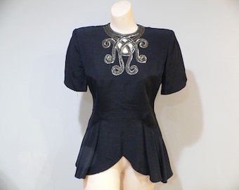 1940's Black Faille Blouse with Peplum, Sequins and Beading