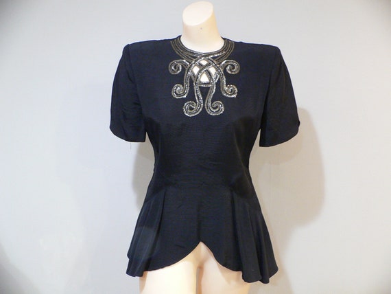 1940's Black Faille Peplum Blouse with Sequins an… - image 1