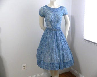 1950's Cotton Blue Print Cotton Dress with Full Skirt, 50s Summer Dress