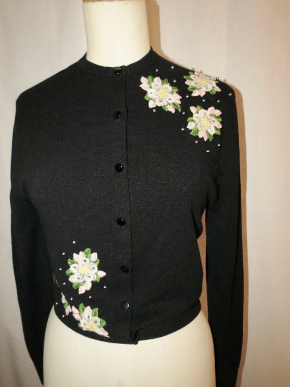 1950s Black Cardigan With Pearls Flower Appliques and Rhibestones Etsy UK
