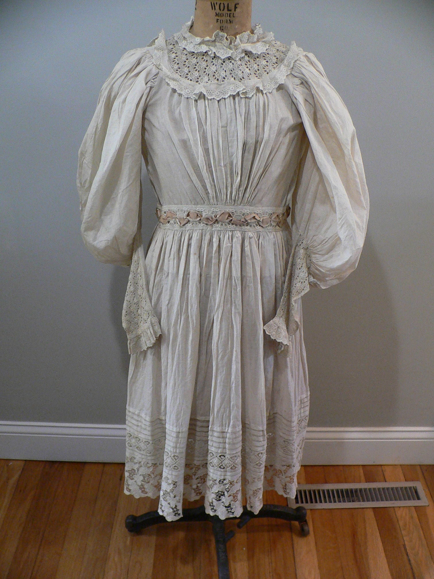 Rare and Stunning Girls 1890s Cotton Dress With Lace and