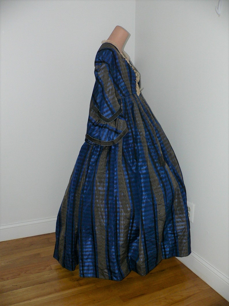 Antique Civil War 1860's Blue Silk Plaid Gown with Pagoda image 2