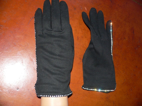 1950's - 60's Crescendoe Rhinestone Gloves, Black… - image 1