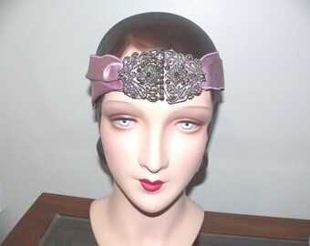 Antique Steel Cut Bead Buckle and Silk Flapper Headband or Belt