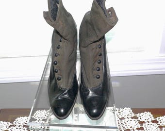 Antique Victorian Edwardian Side Button Leather and Fabric Boots