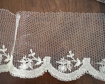 Antique Beige Long Wide Lace Trim,  Embroidered Net Lace Trim 5.58 Yards+ X 5 Inches  - Wide - C