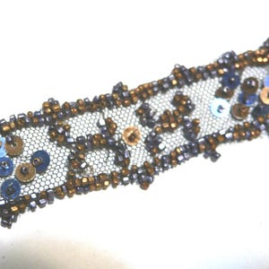 Antique 1890s  Beaded Sequins Net Lace Trim Copper  and Blue 2 Pcs. 1&quot; W X 54&quot;L + 12&quot; L