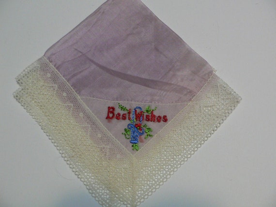 Vintage 40's Silk Hankie with Lace ,Best Wishes H… - image 5