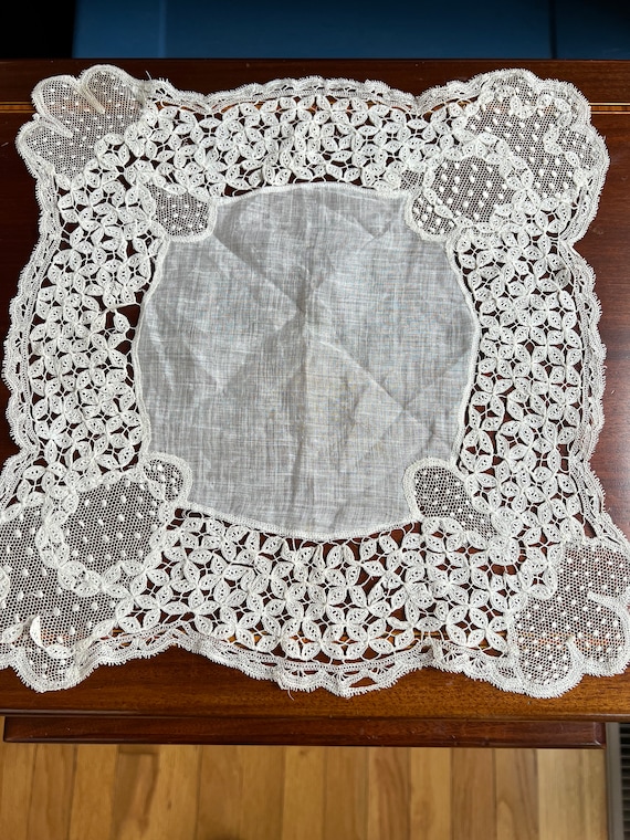 Antique Embroidered Net andTape  Lace  Handkerchie