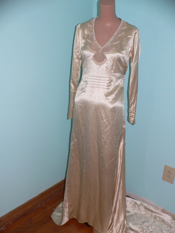 1930s Silk Charmeuse Wedding Dress with Beaded Ne