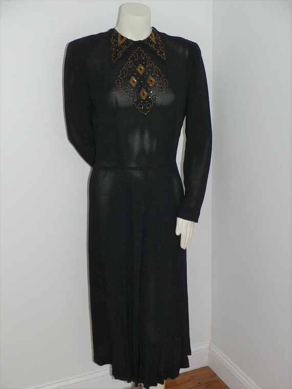 1940's   Black Beaded  Dress Big Shoulders, !940s… - image 4