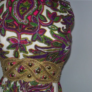 1970's Psychedelic Print Maxi Dress with Gold Braid and Bead Waist Band, Size XS image 9