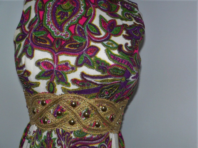 1970's Psychedelic Print Maxi Dress with Gold Braid and Bead Waist Band, Size XS image 9