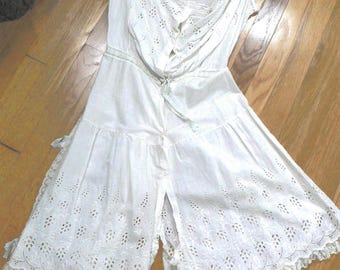 Antique 1900's One Piece Cotton Cami - Split Crotch Pantaloons with Broderie Anglaise, Valenciennes Lace, Pale Blue Ribbons, Size38