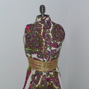 1970's Psychedelic Print Maxi Dress with Gold Braid and Bead Waist Band, Size XS image 7