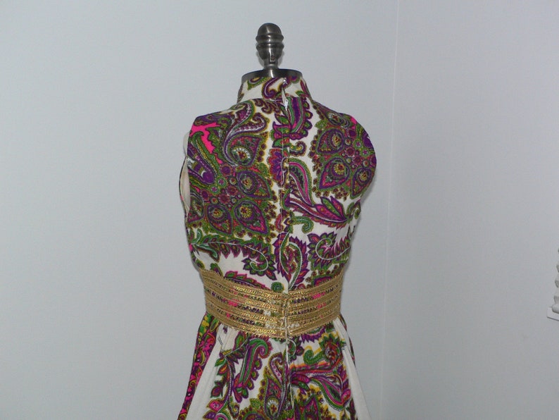 1970's Psychedelic Print Maxi Dress with Gold Braid and Bead Waist Band, Size XS image 7