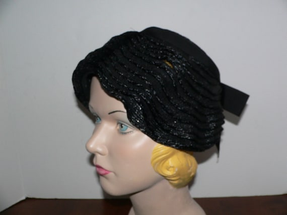 1960's Mr John Jr Black Straw Hat with Ribbon Trim - image 1