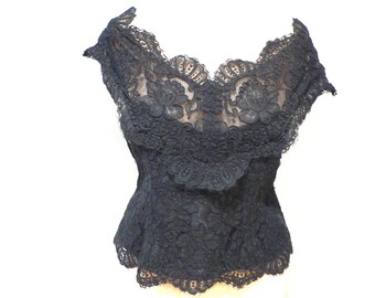 Vintage Gorgeous Dressy Black Alencon Lace Evening Blouse