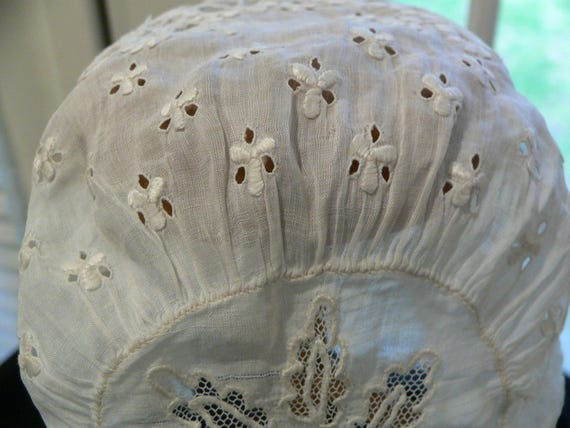 1850s - 1860s Antique Lace Embroidered Baby Bonnet - image 3