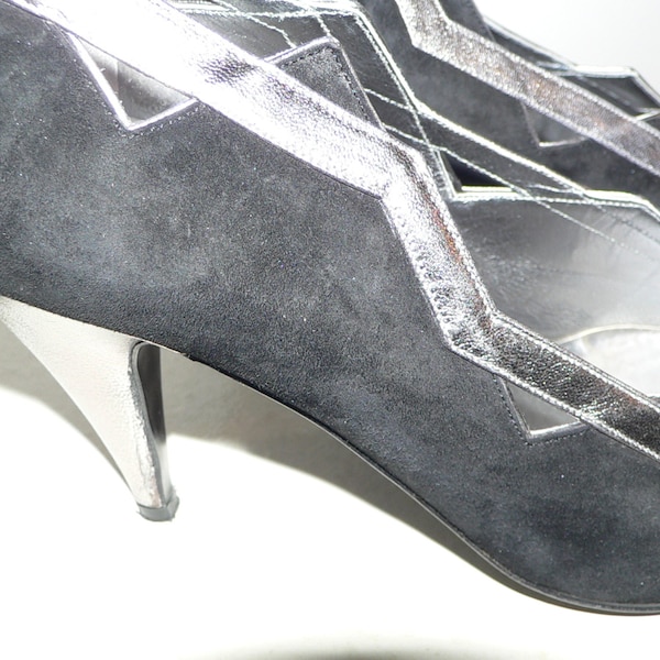 Vintage Delman Shoes Black Suede and Silver with Coutouts, Size 7 B